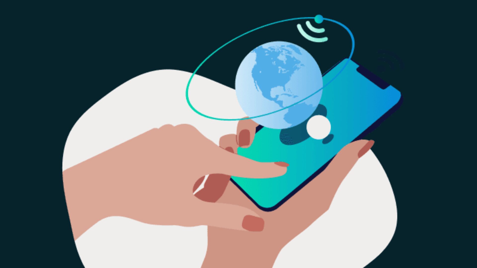 Digital illustration of hands using a smartphone with a globe and signal icon representing global eSIM connectivity.