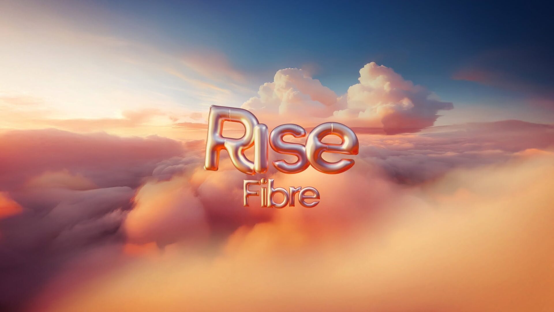 Rise Fibre logo rendered in metallic 3D text floating above a soft, sunset-coloured cloudscape.