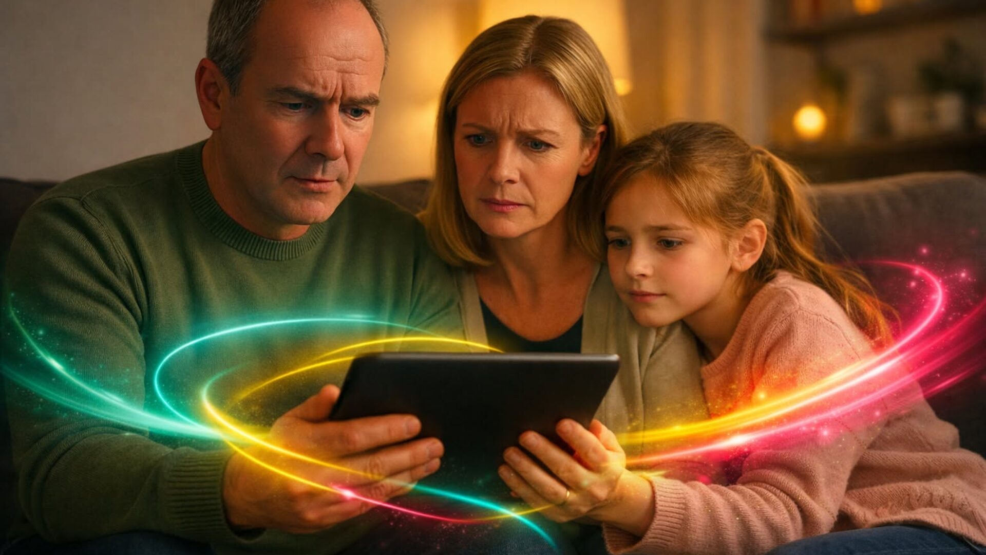 A family using a tablet at home with digital fibre optic light effects symbolising high-speed broadband connectivity.